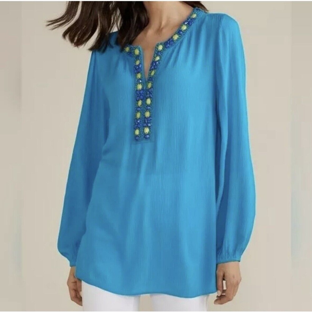 Soft Surroundings Nellie Gauze Tunic Size Medium Blue Danube‎ Beaded Blouse NWT